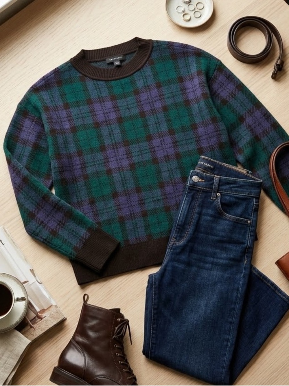 Ann Taylor Green & Purple Tartan Plaid Crewneck Pullover Sweater